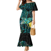 New Zealand Fantail Bird Family Matching Mermaid Dress and Hawaiian Shirt Maori Piwakawaka Kowhai - Paua Shell Pattern LT14 Mom's Dress Green - Polynesian Pride
