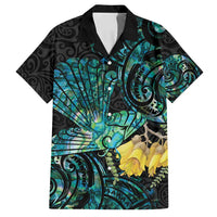 New Zealand Fantail Bird Family Matching Off Shoulder Maxi Dress and Hawaiian Shirt Maori Piwakawaka Kowhai - Paua Shell Pattern LT14 Dad's Shirt - Short Sleeve Green - Polynesian Pride