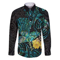 New Zealand Fantail Bird Family Matching Off Shoulder Maxi Dress and Hawaiian Shirt Maori Piwakawaka Kowhai - Paua Shell Pattern LT14 Dad's Shirt - Long Sleeve Green - Polynesian Pride