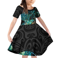 New Zealand Fantail Bird Family Matching Off Shoulder Short Dress and Hawaiian Shirt Maori Piwakawaka Kowhai - Paua Shell Pattern LT14 Daughter's Dress Green - Polynesian Pride