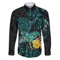 New Zealand Fantail Bird Family Matching Puletasi and Hawaiian Shirt Maori Piwakawaka Kowhai - Paua Shell Pattern LT14 Dad's Shirt - Long Sleeve Green - Polynesian Pride