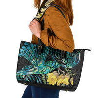 New Zealand Fantail Bird Leather Tote Bag Maori Piwakawaka Kowhai - Paua Shell Pattern LT14 Green - Polynesian Pride