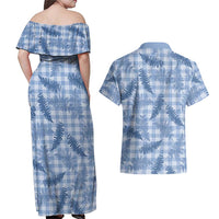 Blue Palaka Hawaii Palapalai Couples Matching Off Shoulder Maxi Dress and Hawaiian Shirt Hawaiian Fern LT14 - Polynesian Pride