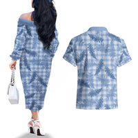 Blue Palaka Hawaii Palapalai Couples Matching Off The Shoulder Long Sleeve Dress and Hawaiian Shirt Hawaiian Fern - Polynesian Pride