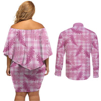 Purple Palaka Hawaii Palapalai Couples Matching Off Shoulder Short Dress and Long Sleeve Button Shirt Hawaiian Fern - Polynesian Pride