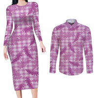 Pink Palaka Hawaii Palapalai Couples Matching Long Sleeve Bodycon Dress and Long Sleeve Button Shirt Hawaiian Fern - Polynesian Pride
