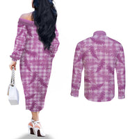 Pink Palaka Hawaii Palapalai Couples Matching Off The Shoulder Long Sleeve Dress and Long Sleeve Button Shirt Hawaiian Fern - Polynesian Pride