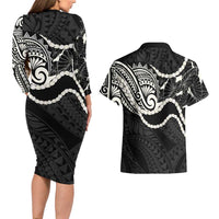 Aloha Hawaii Kalo Pikake Lei Couples Matching Long Sleeve Bodycon Dress and Hawaiian Shirt Chest Tattoo Black Hawaiian Pattern