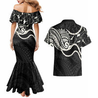 Aloha Hawaii Kalo Pikake Lei Couples Matching Mermaid Dress and Hawaiian Shirt Chest Tattoo Black Hawaiian Pattern