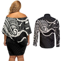 Aloha Hawaii Kalo Pikake Lei Couples Matching Off Shoulder Short Dress and Long Sleeve Button Shirt Chest Tattoo Black Hawaiian Pattern LT14 - Polynesian Pride
