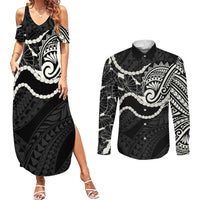 Aloha Hawaii Kalo Pikake Lei Couples Matching Summer Maxi Dress and Long Sleeve Button Shirt Chest Tattoo Black Hawaiian Pattern