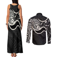 Aloha Hawaii Kalo Pikake Lei Couples Matching Tank Maxi Dress and Long Sleeve Button Shirt Chest Tattoo Black Hawaiian Pattern LT14 - Polynesian Pride