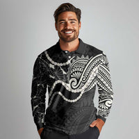 Aloha Hawaii Kalo Pikake Lei Long Sleeve Polo Shirt Chest Tattoo Black Hawaiian Pattern