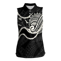 Aloha Hawaii Kalo Pikake Lei Women Sleeveless Polo Shirt Chest Tattoo Black Hawaiian Pattern