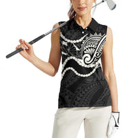 Aloha Hawaii Kalo Pikake Lei Women Sleeveless Polo Shirt Chest Tattoo Black Hawaiian Pattern