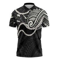 Aloha Hawaii Kalo Pikake Lei Zipper Polo Shirt Chest Tattoo Black Hawaiian Pattern