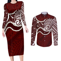 Aloha Hawaii Kalo Pikake Lei Couples Matching Long Sleeve Bodycon Dress and Long Sleeve Button Shirt Chest Tattoo Oxblood Hawaiian Pattern