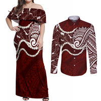 Aloha Hawaii Kalo Pikake Lei Couples Matching Off Shoulder Maxi Dress and Long Sleeve Button Shirt Chest Tattoo Oxblood Hawaiian Pattern LT14 Oxblood - Polynesian Pride