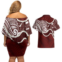 Aloha Hawaii Kalo Pikake Lei Couples Matching Off Shoulder Short Dress and Hawaiian Shirt Chest Tattoo Oxblood Hawaiian Pattern
