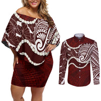 Aloha Hawaii Kalo Pikake Lei Couples Matching Off Shoulder Short Dress and Long Sleeve Button Shirt Chest Tattoo Oxblood Hawaiian Pattern LT14 Oxblood - Polynesian Pride