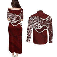 Aloha Hawaii Kalo Pikake Lei Couples Matching Puletasi and Long Sleeve Button Shirt Chest Tattoo Oxblood Hawaiian Pattern LT14 - Polynesian Pride