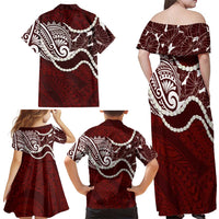 Aloha Hawaii Kalo Pikake Lei Family Matching Off Shoulder Maxi Dress and Hawaiian Shirt Chest Tattoo Oxblood Hawaiian Pattern LT14 - Polynesian Pride