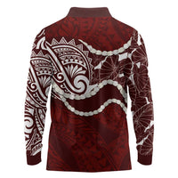 Aloha Hawaii Kalo Pikake Lei Long Sleeve Polo Shirt Chest Tattoo Oxblood Hawaiian Pattern