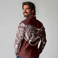 Aloha Hawaii Kalo Pikake Lei Long Sleeve Polo Shirt Chest Tattoo Oxblood Hawaiian Pattern