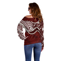 Aloha Hawaii Kalo Pikake Lei Off Shoulder Sweater Chest Tattoo Oxblood Hawaiian Pattern