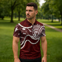Aloha Hawaii Kalo Pikake Lei Zipper Polo Shirt Chest Tattoo Oxblood Hawaiian Pattern LT14 - Polynesian Pride