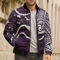 Aloha Hawaii Kalo Pikake Lei Bomber Puffer Jacket Chest Tattoo Purple Hawaiian Pattern