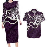 Aloha Hawaii Kalo Pikake Lei Couples Matching Long Sleeve Bodycon Dress and Hawaiian Shirt Chest Tattoo Purple Hawaiian Pattern