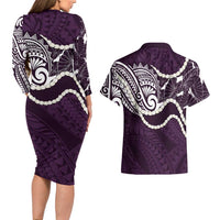 Aloha Hawaii Kalo Pikake Lei Couples Matching Long Sleeve Bodycon Dress and Hawaiian Shirt Chest Tattoo Purple Hawaiian Pattern