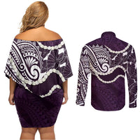 Aloha Hawaii Kalo Pikake Lei Couples Matching Off Shoulder Short Dress and Long Sleeve Button Shirt Chest Tattoo Purple Hawaiian Pattern