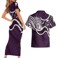 Aloha Hawaii Kalo Pikake Lei Couples Matching Short Sleeve Bodycon Dress and Hawaiian Shirt Chest Tattoo Purple Hawaiian Pattern