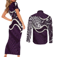Aloha Hawaii Kalo Pikake Lei Couples Matching Short Sleeve Bodycon Dress and Long Sleeve Button Shirt Chest Tattoo Purple Hawaiian Pattern
