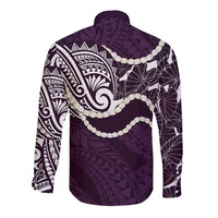 Aloha Hawaii Kalo Pikake Lei Long Sleeve Button Shirt Chest Tattoo Purple Hawaiian Pattern