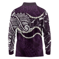 Aloha Hawaii Kalo Pikake Lei Long Sleeve Polo Shirt Chest Tattoo Purple Hawaiian Pattern LT14 - Polynesian Pride
