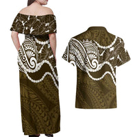 Aloha Hawaii Kalo Pikake Lei Couples Matching Off Shoulder Maxi Dress and Hawaiian Shirt Chest Tattoo Gold Hawaiian Pattern
