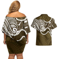 Aloha Hawaii Kalo Pikake Lei Couples Matching Off Shoulder Short Dress and Hawaiian Shirt Chest Tattoo Gold Hawaiian Pattern