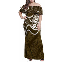 Aloha Hawaii Kalo Pikake Lei Family Matching Off Shoulder Maxi Dress and Hawaiian Shirt Chest Tattoo Gold Hawaiian Pattern LT14 Mom's Dress Gold - Polynesian Pride