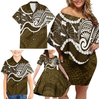Aloha Hawaii Kalo Pikake Lei Family Matching Off Shoulder Short Dress and Hawaiian Shirt Chest Tattoo Gold Hawaiian Pattern LT14 - Polynesian Pride