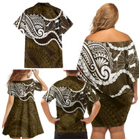 Aloha Hawaii Kalo Pikake Lei Family Matching Off Shoulder Short Dress and Hawaiian Shirt Chest Tattoo Gold Hawaiian Pattern LT14 - Polynesian Pride