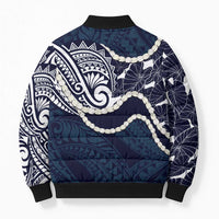 Aloha Hawaii Kalo Pikake Lei Bomber Puffer Jacket Chest Tattoo Oxford Blue Hawaiian Pattern