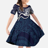 Aloha Hawaii Kalo Pikake Lei Family Matching Long Sleeve Bodycon Dress and Hawaiian Shirt Chest Tattoo Oxford Blue Hawaiian Pattern LT14 Daughter's Dress Oxford Blue - Polynesian Pride