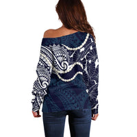 Aloha Hawaii Kalo Pikake Lei Off Shoulder Sweater Chest Tattoo Oxford Blue Hawaiian Pattern