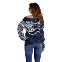 Aloha Hawaii Kalo Pikake Lei Off Shoulder Sweater Chest Tattoo Oxford Blue Hawaiian Pattern
