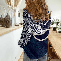 Aloha Hawaii Kalo Pikake Lei Women Casual Shirt Chest Tattoo Oxford Blue Hawaiian Pattern