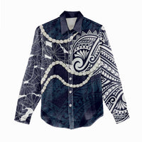 Aloha Hawaii Kalo Pikake Lei Women Casual Shirt Chest Tattoo Oxford Blue Hawaiian Pattern