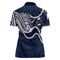 Aloha Hawaii Kalo Pikake Lei Women Polo Shirt Chest Tattoo Oxford Blue Hawaiian Pattern LT14 - Polynesian Pride